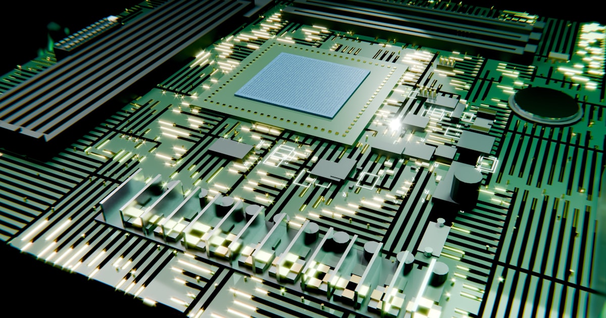 Green circuit board with a central processor and glowing components.