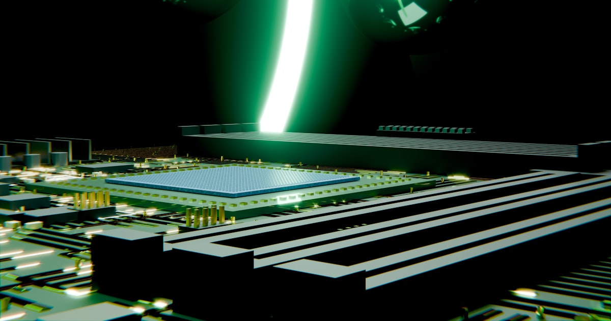 Futuristic circuit board with glowing green data beam.