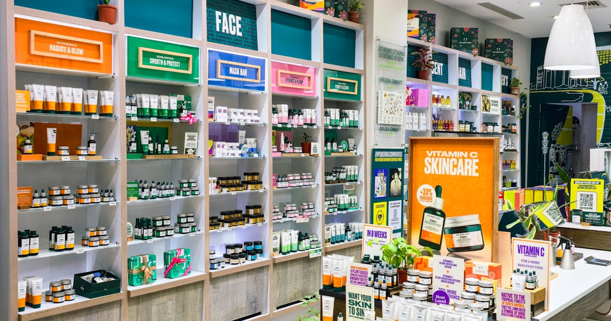 Skincare products displayed on shelves in a retail store