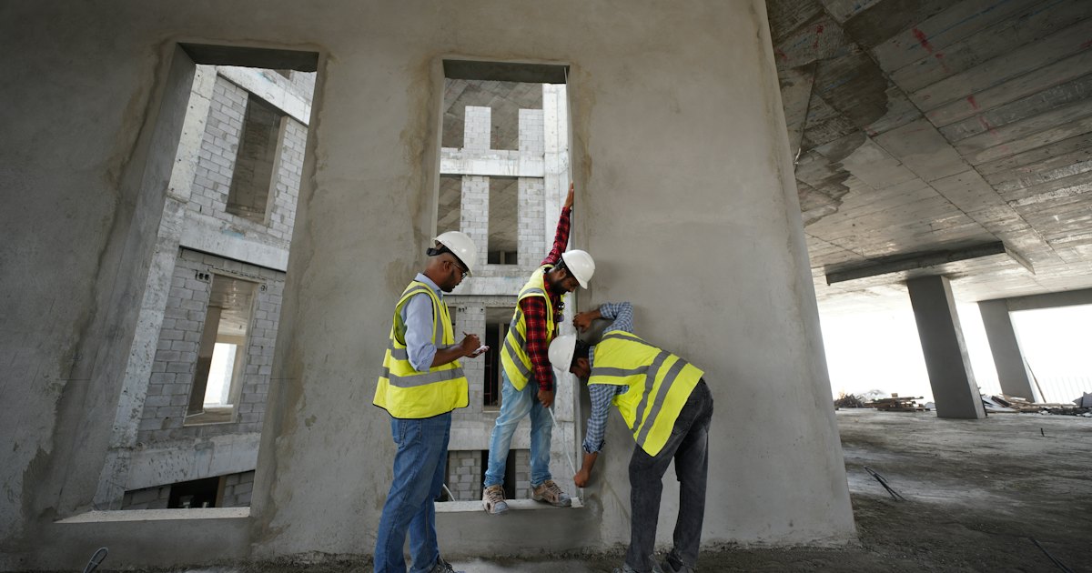 a group of men standing next to each other in front of a building