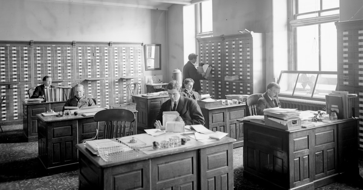 Five men working at wooden desks in a sunlit office with filing cabinets