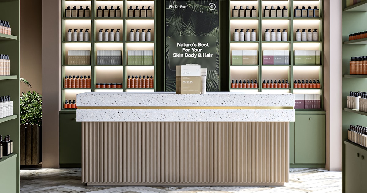 Modern store interior featuring cosmetic products