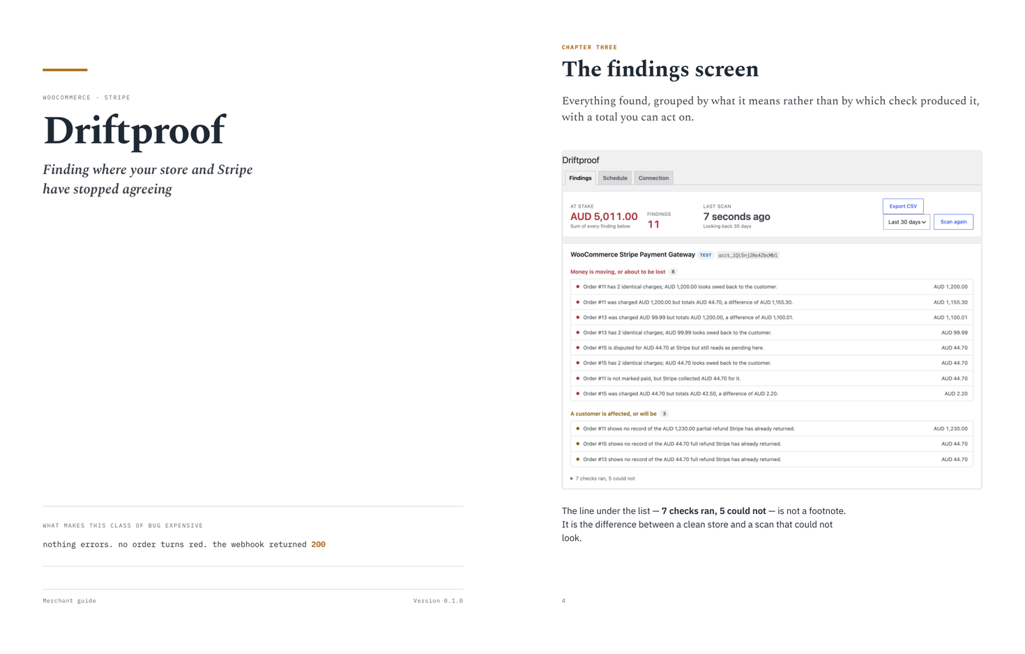 The guide open at its cover and at the findings screen, showing eleven findings and the money at stake
