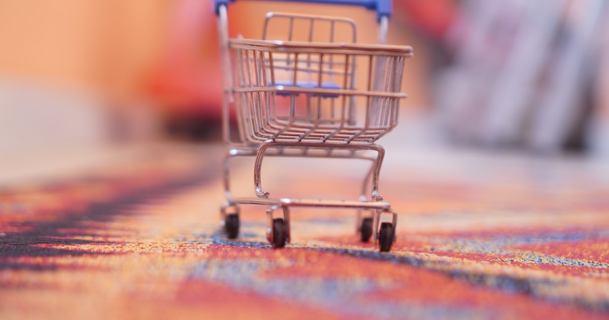 A miniature shopping cart sitting on top of a rug