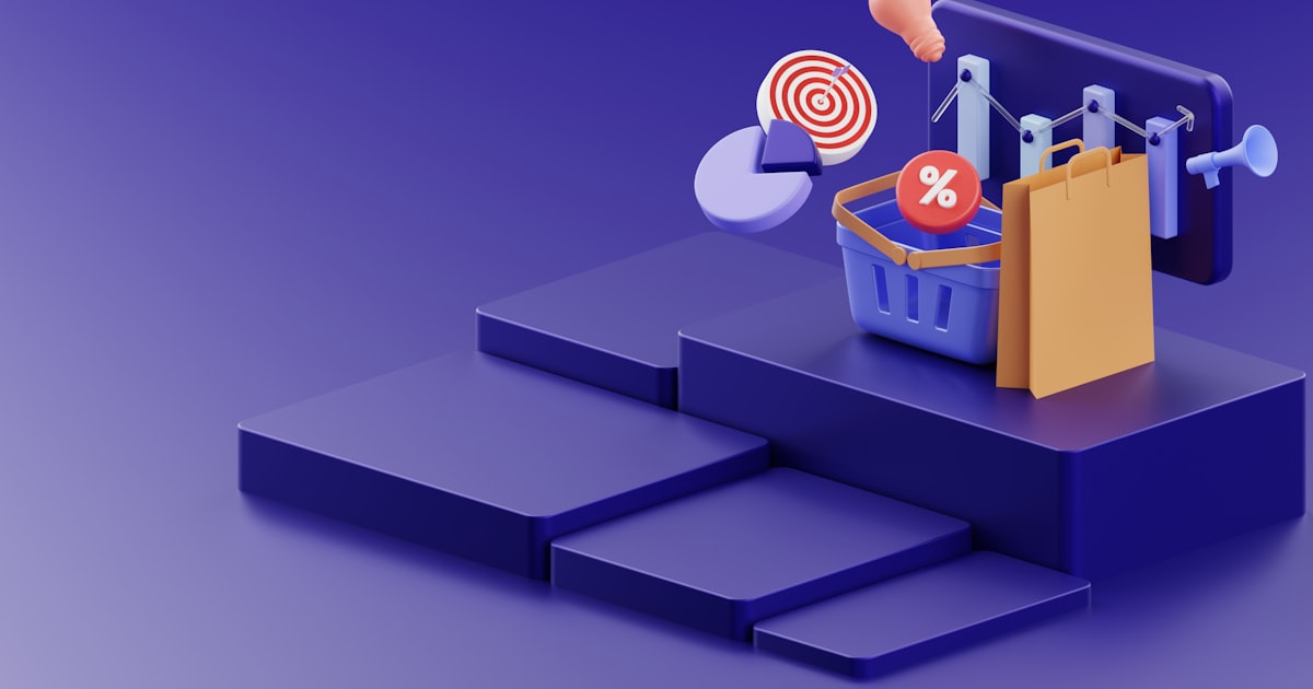 A purple background with a basket of items and a target