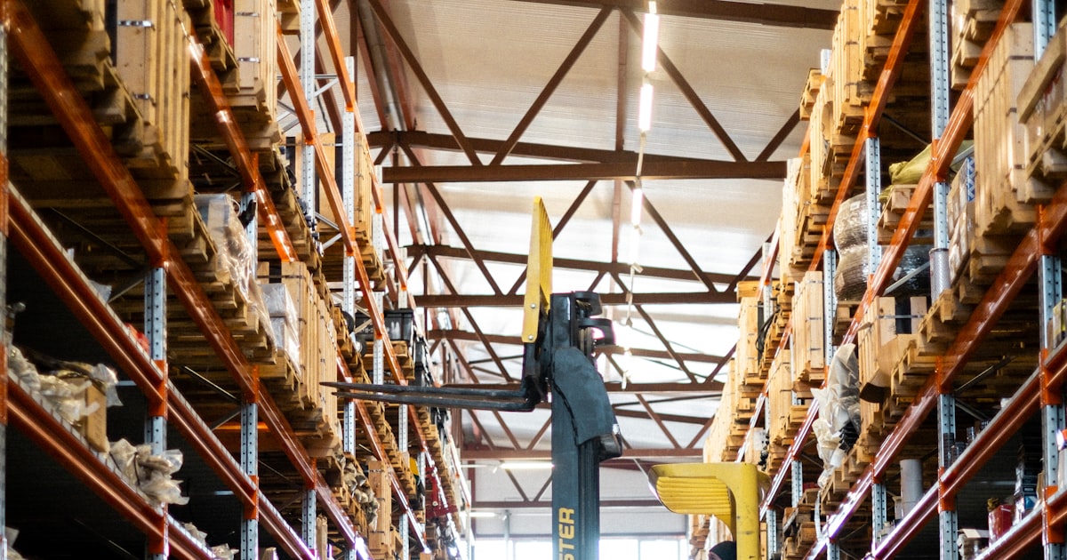 A forklift in a warehouse