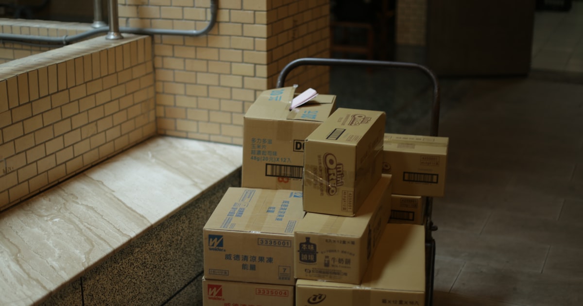 Cardboard boxes on a rack