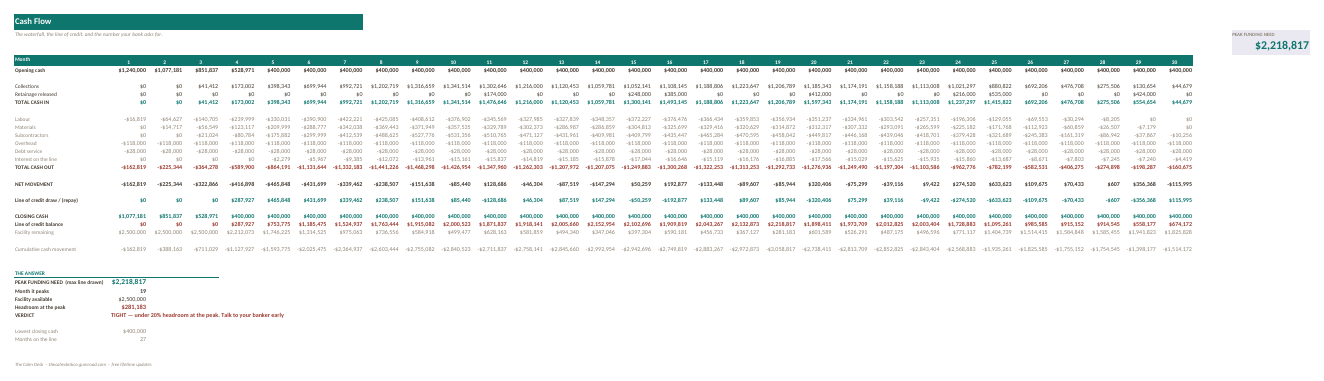 The Cash Flow tab showing monthly opening balance, receipts, payments, line of credit draws and the peak funding need