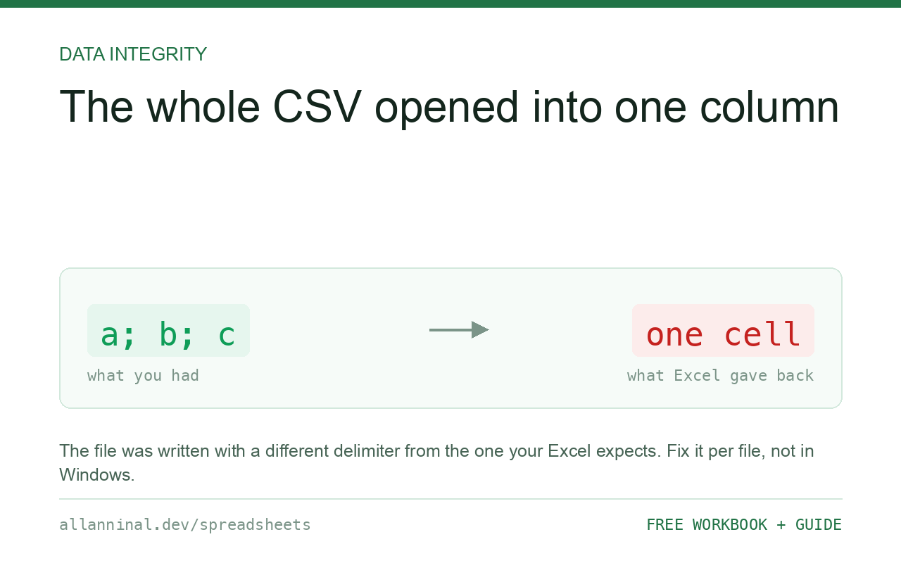 The whole CSV opened into a single column