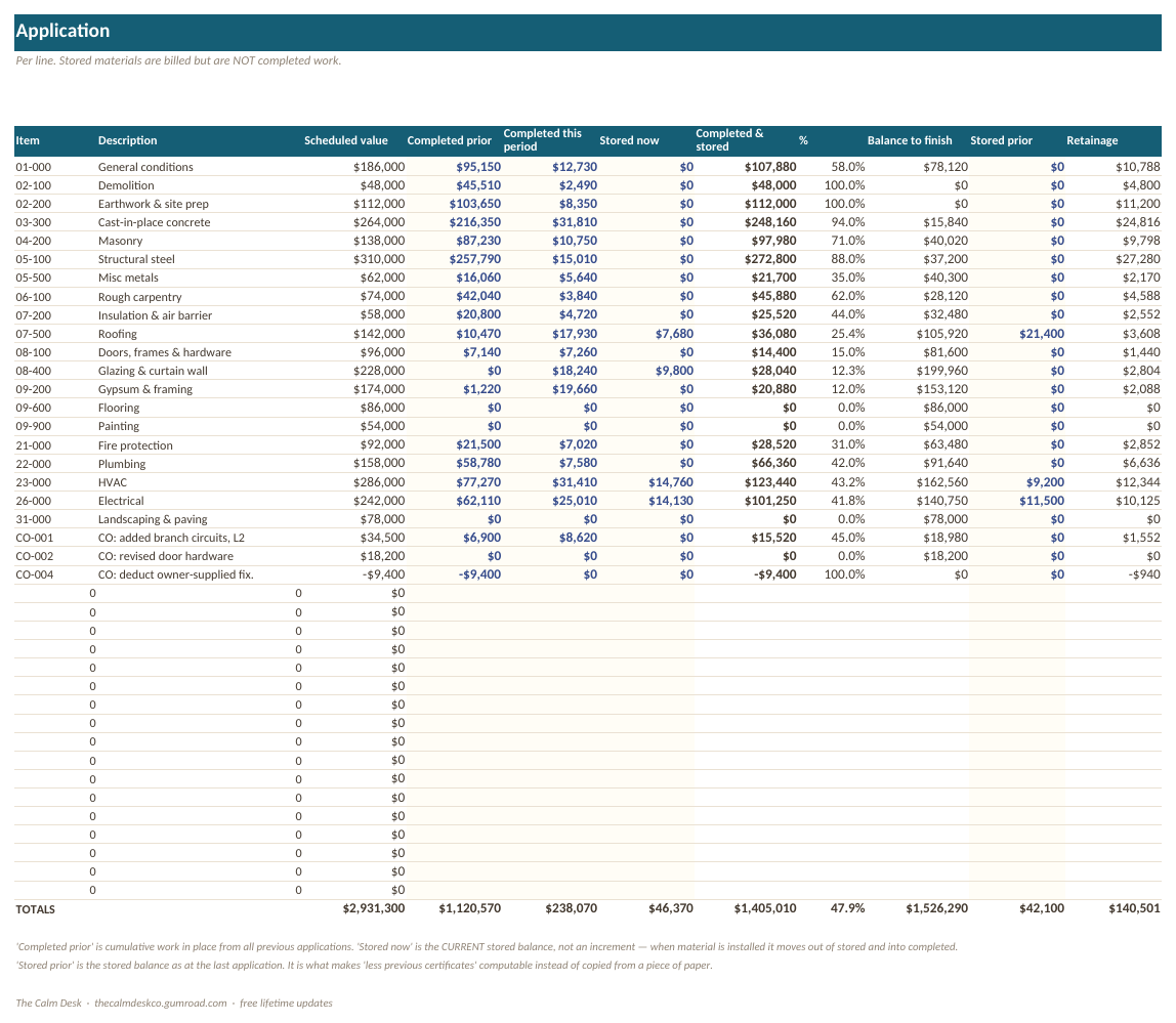 The Application tab of the progress billing workbook showing completed work, stored materials, retainage and the amount due this period