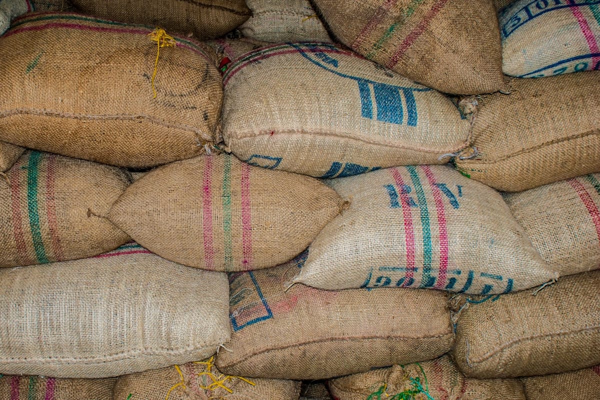 Bags of pale and crystal malt stacked in the Iron & Grain grain room