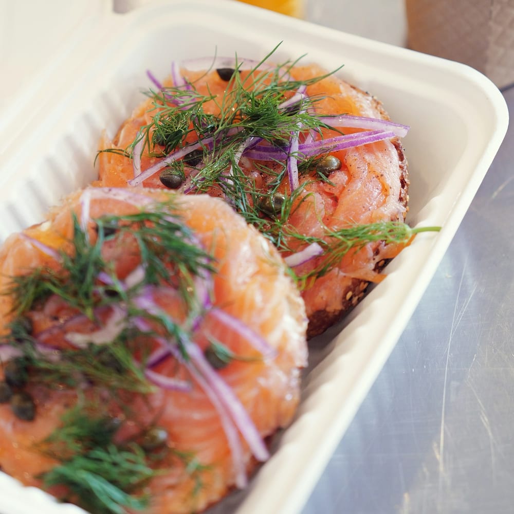 Smoked salmon bagel platter with capers and dill