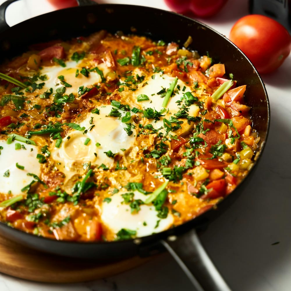 Shakshuka with crumbled feta in a cast-iron skillet
