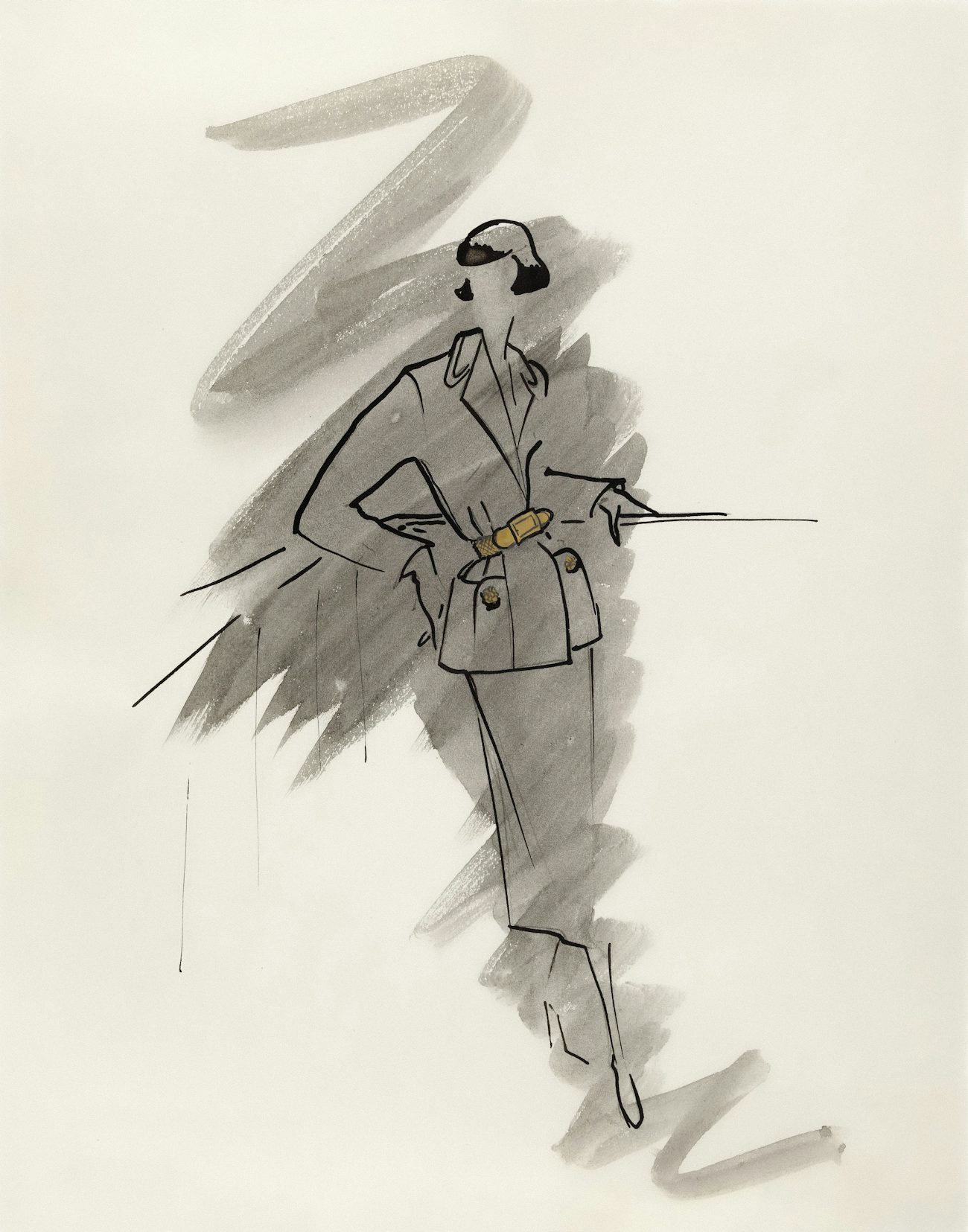 A monochrome fashion sketch of a figure in a tailored suit, rendered in ink and wash on paper