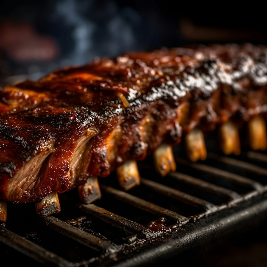 Lifting the smoker lid on a full rack of ribs