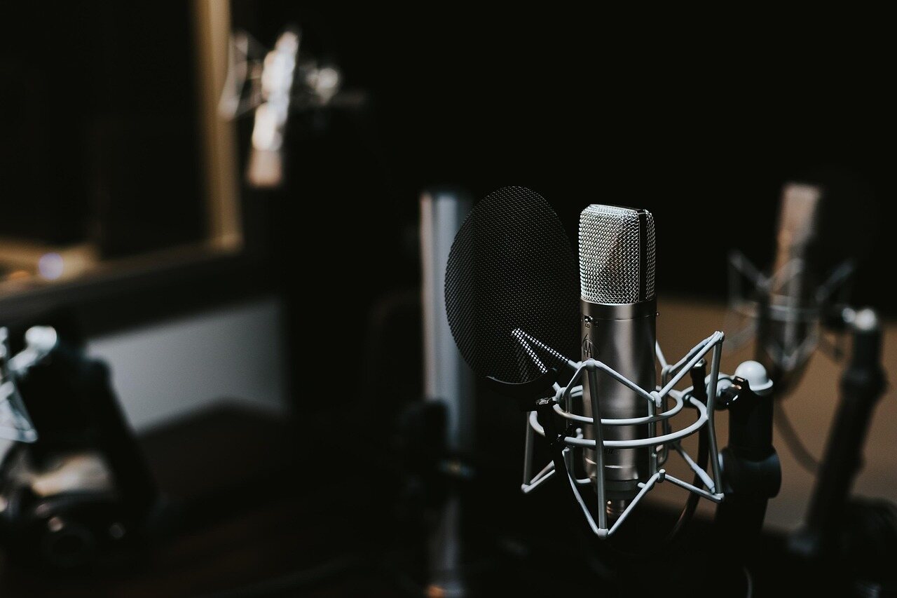 A large-diaphragm condenser microphone in a shock mount behind a pop filter, in a darkened studio with a second microphone out of focus behind it.