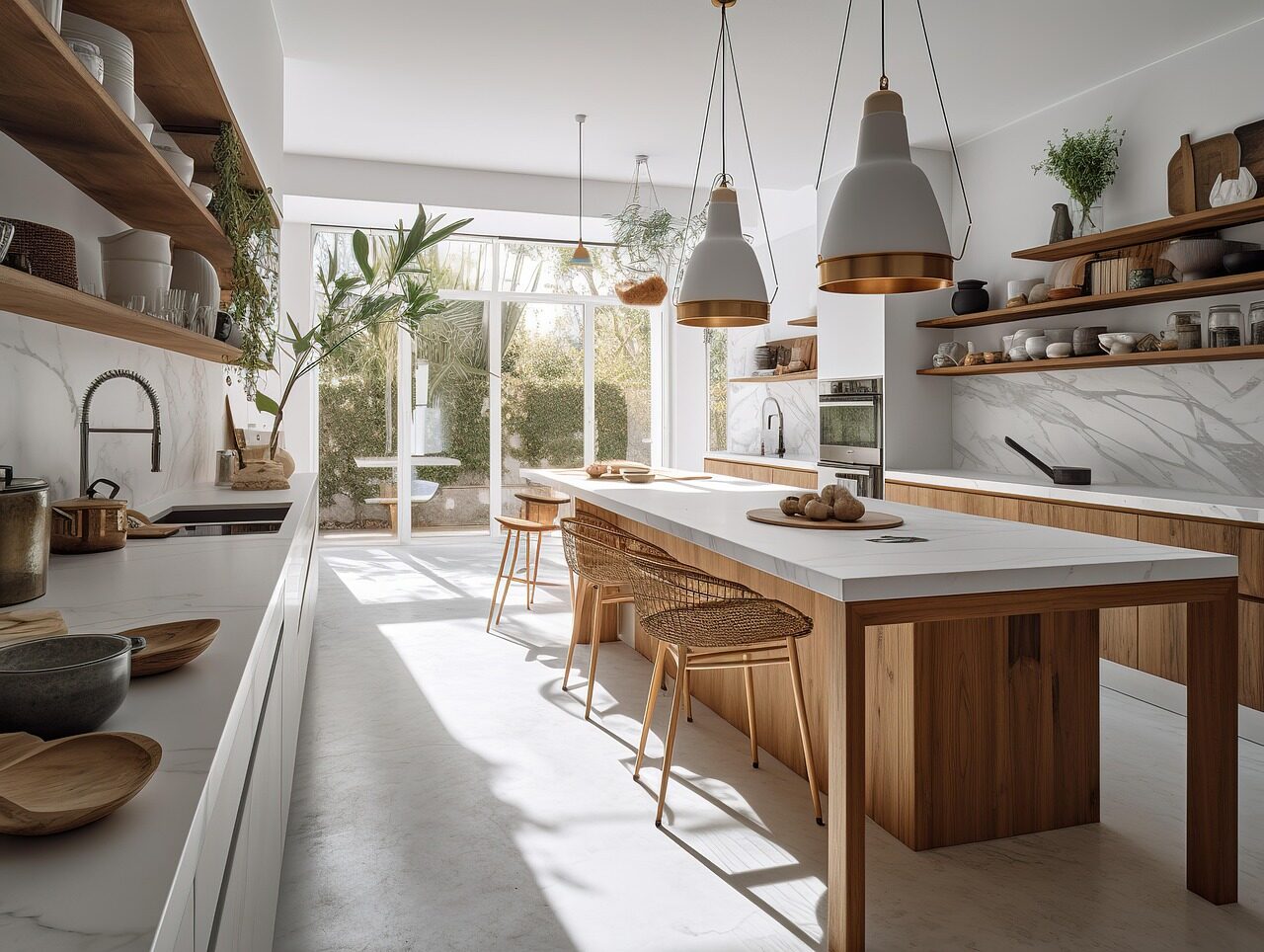A bright white kitchen with an island, pendant lights and open shelving beside garden doors