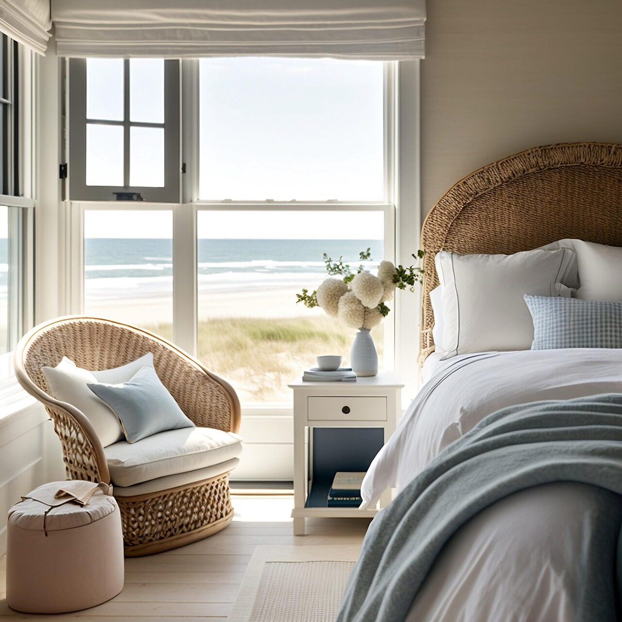A coastal bedroom with a wicker chair beside a window looking onto dunes and sea