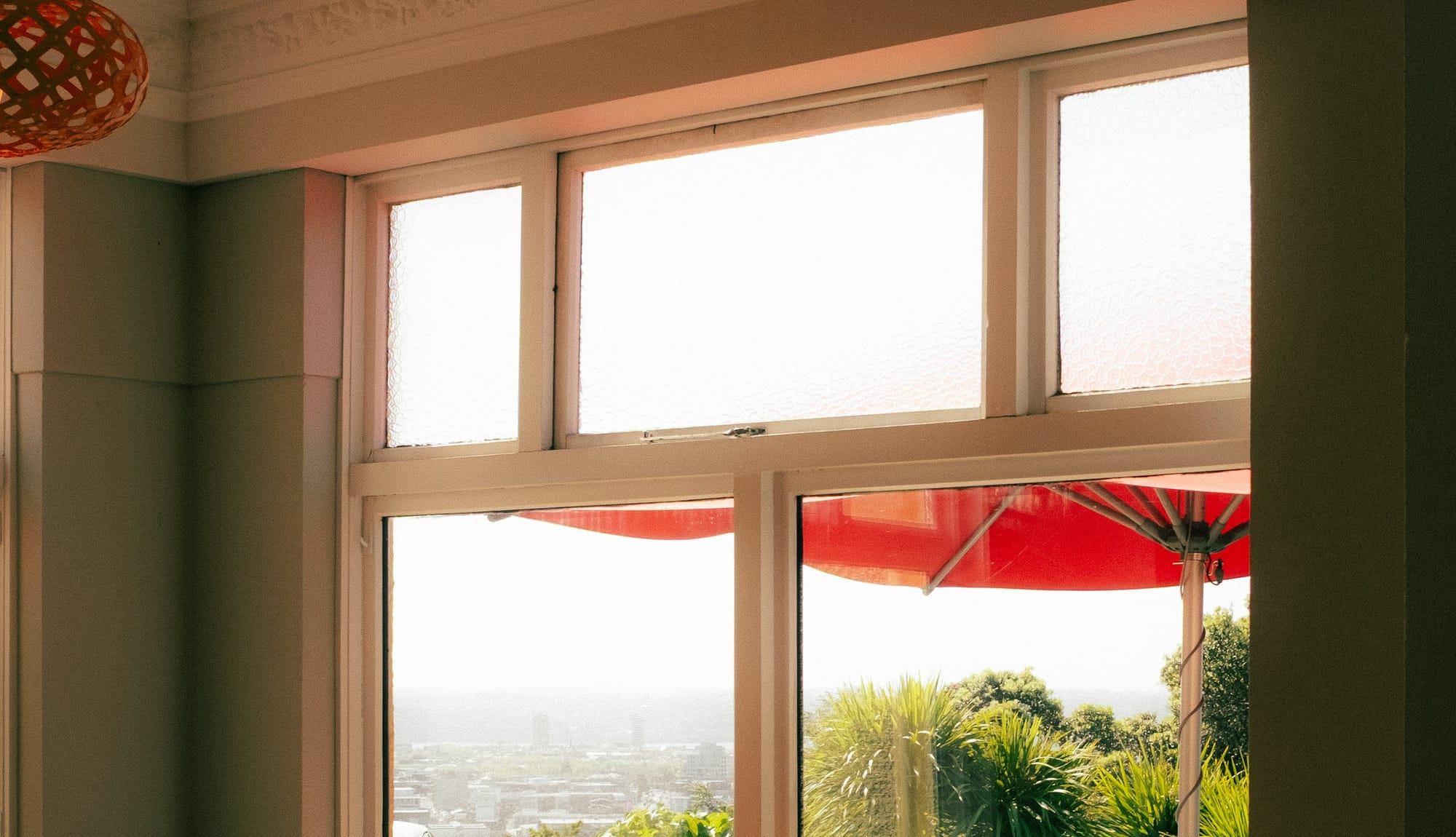 Sunlit interior of the tea room