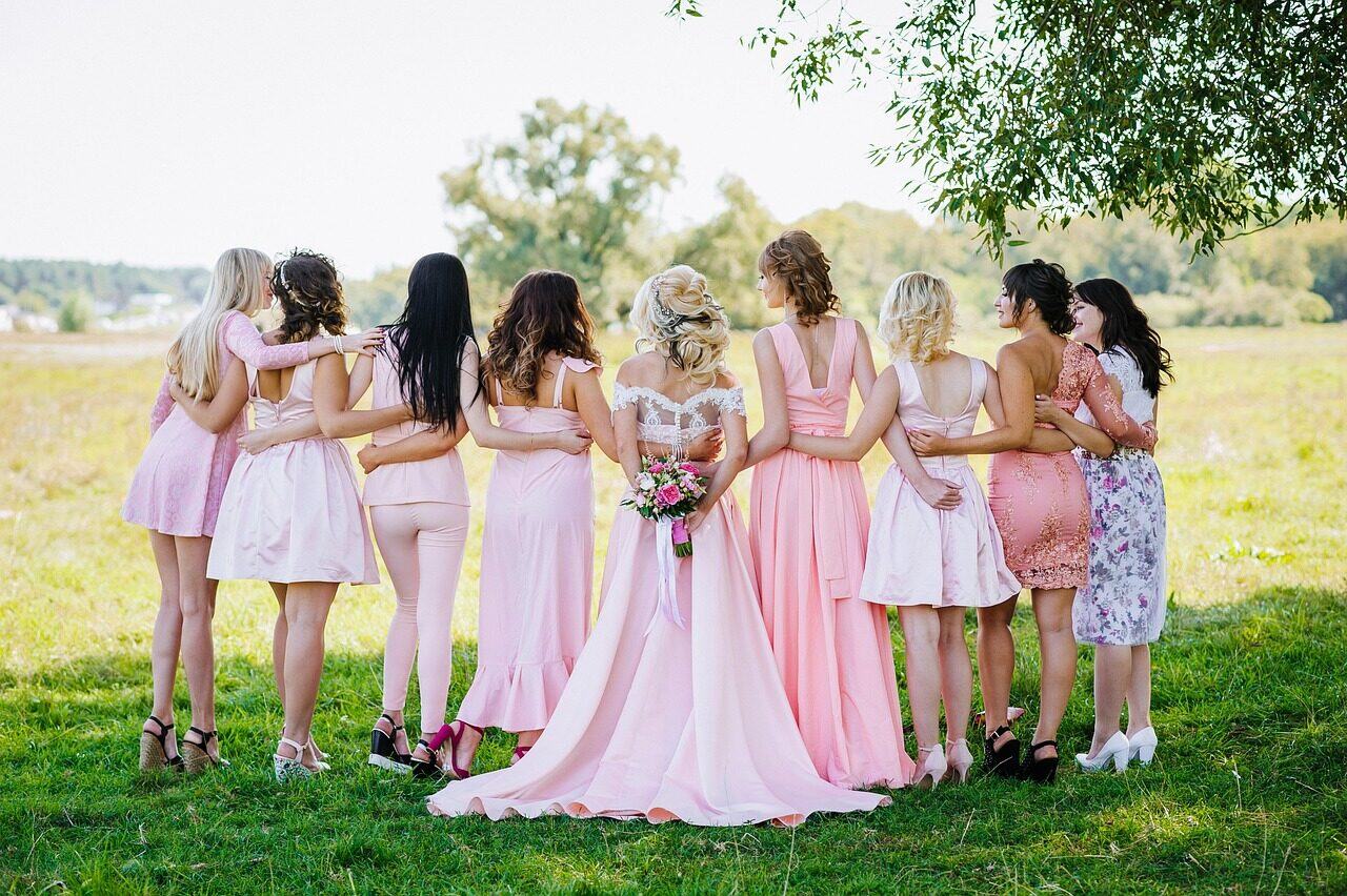 The bridal party photographed from behind on grass, dressed in pink