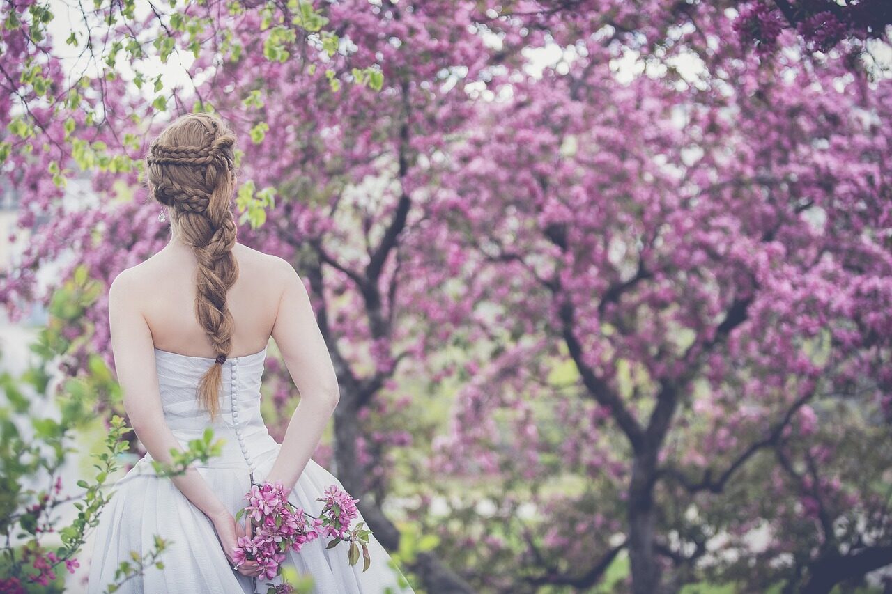 The bride from behind beneath a cherry tree in full blossom