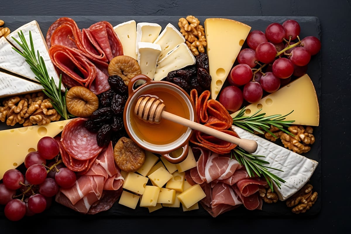 Artisan cheese & charcuterie board — cheeses, honeycomb, figs, toasted walnuts and crackers, backlit by candles