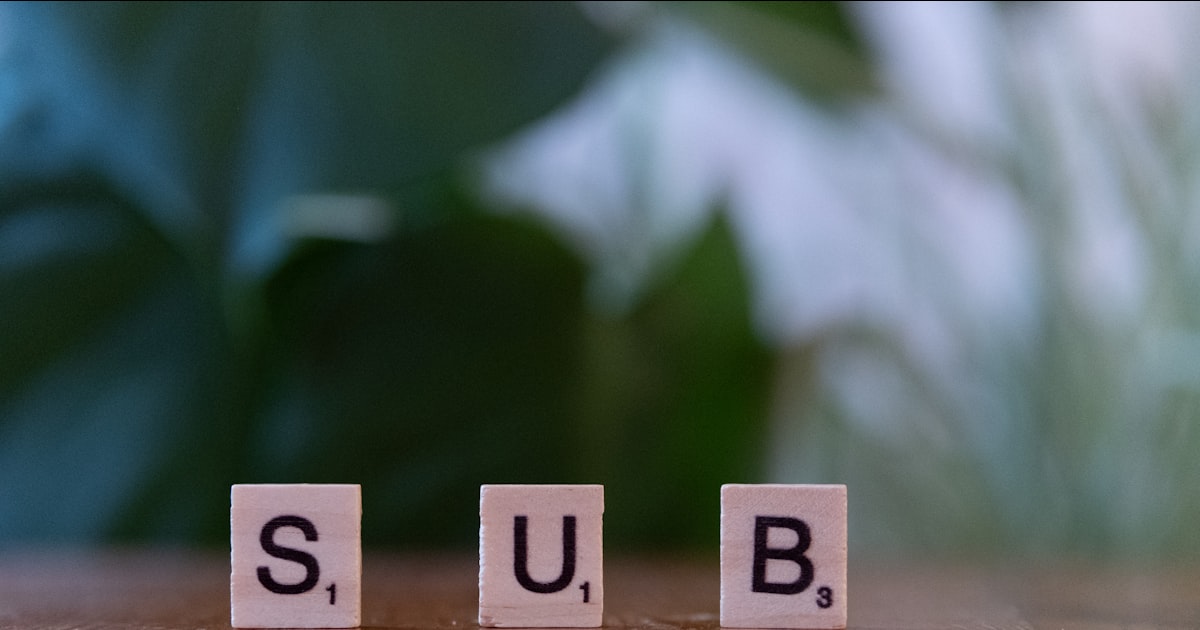 Cubes spelling sub on a table with a plant in the background