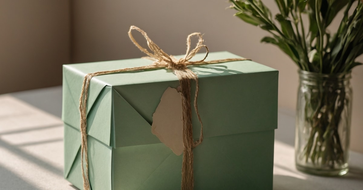 A green gift box with a tag on a table