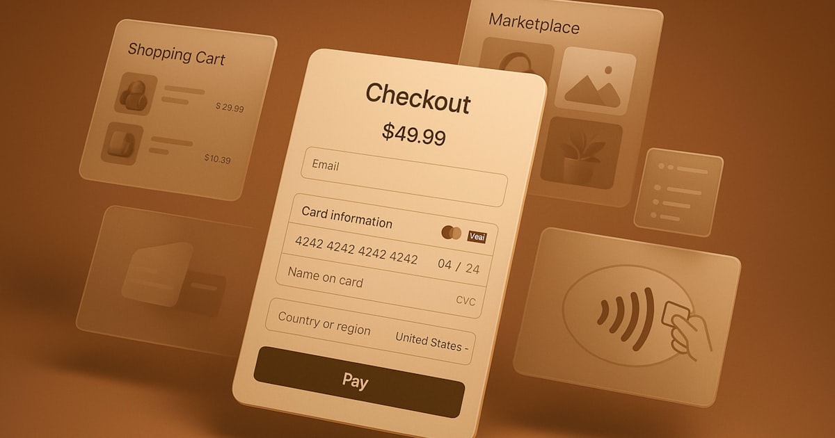 Online checkout screen with payment details and shopping cart.