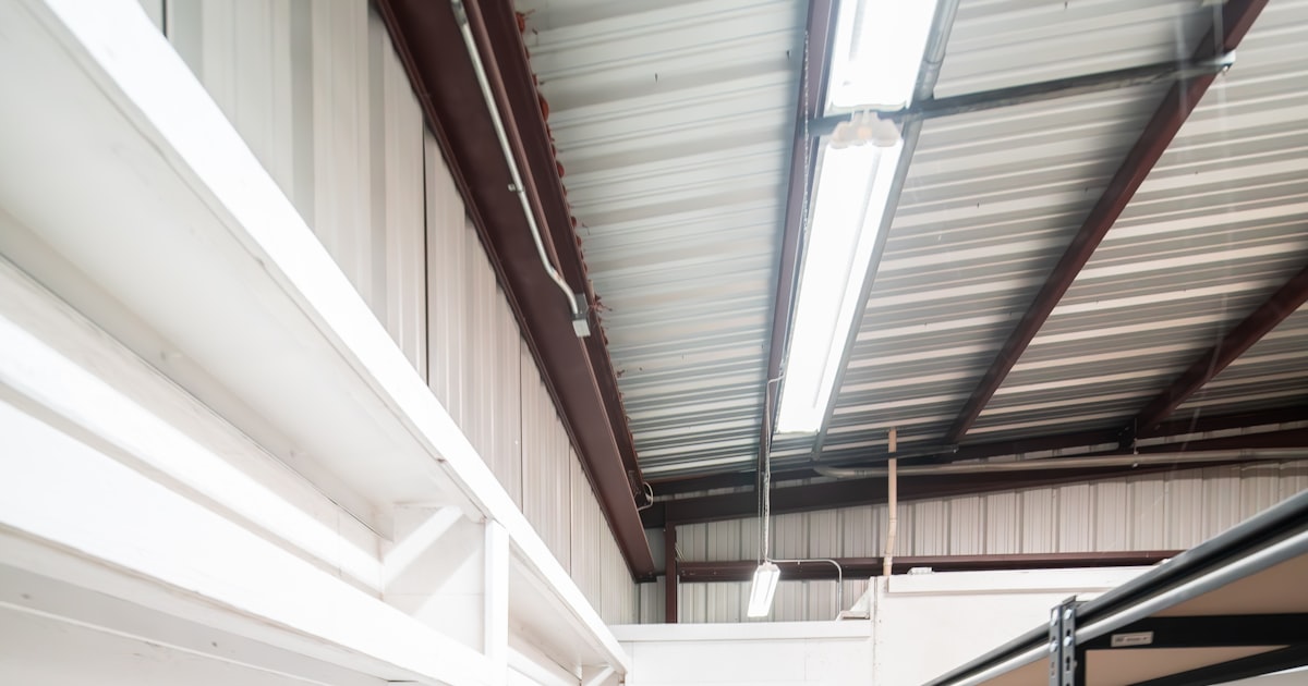 A long row of warehouse shelves